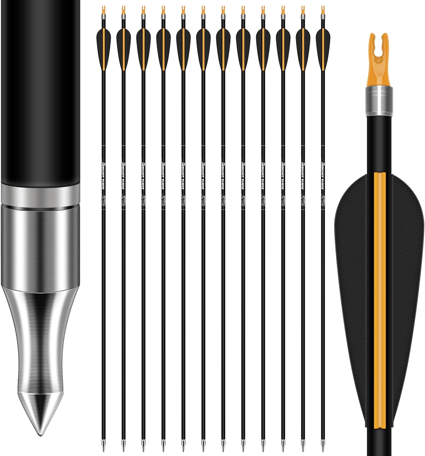 SUNYA 12-Pack 30 Inch Carbon Arrows Spine 500 or 400 for 40-60 LBS Bows｜Switch to Recurve/Compound Modes, Anti-Loose O-Ring & TPU Vanes for Hunting/Target Practice