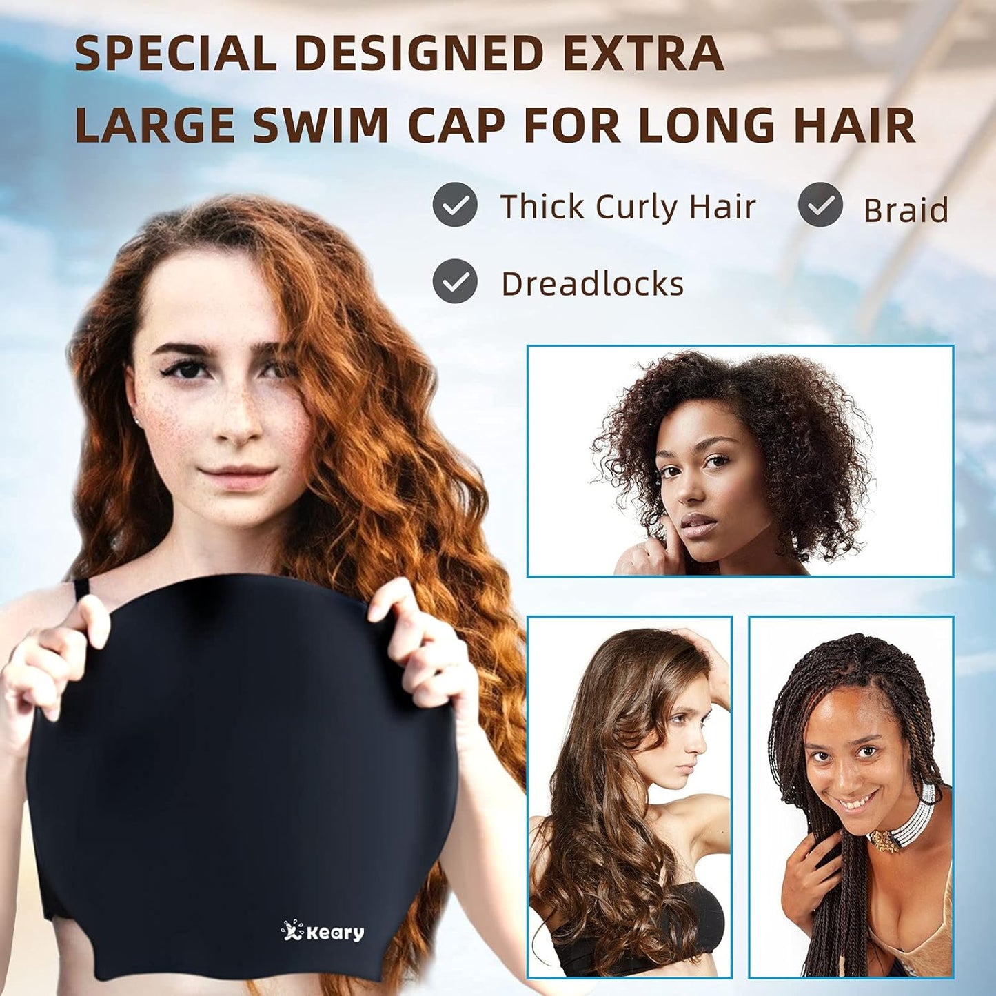 Keary Extra Large Swim Cap for Braids and Dreadlocks Extensions Weaves Long Hair, Waterproof Silicone Cover Ear Bath Pool Shower Swimming Cap for Adult Youth to Keep Hair Dry, Easy to Put On and Off