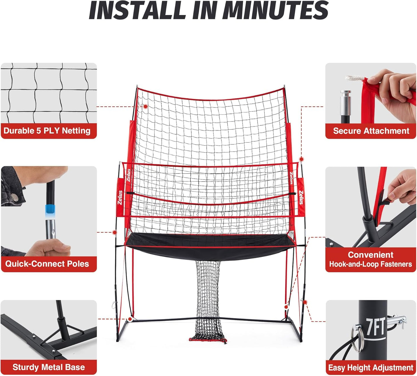 ZELUS Volleyball Training Equipment, 11x8 ft Volleyball Practice Net Station with Adjustable Height & Ball Return