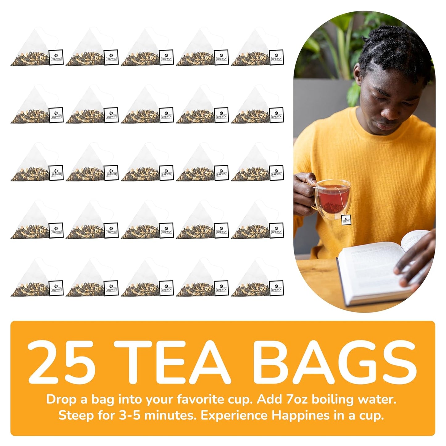BREWIX, Royal Orange Spice Black Tea (25 Pyramid Tea Bags) | Premium Caffeinated Blend with Zesty Orange & Warming Spices | Warming Winter Blend Perfect for the Holidays | Iced Tea Bags | Sugar-Free