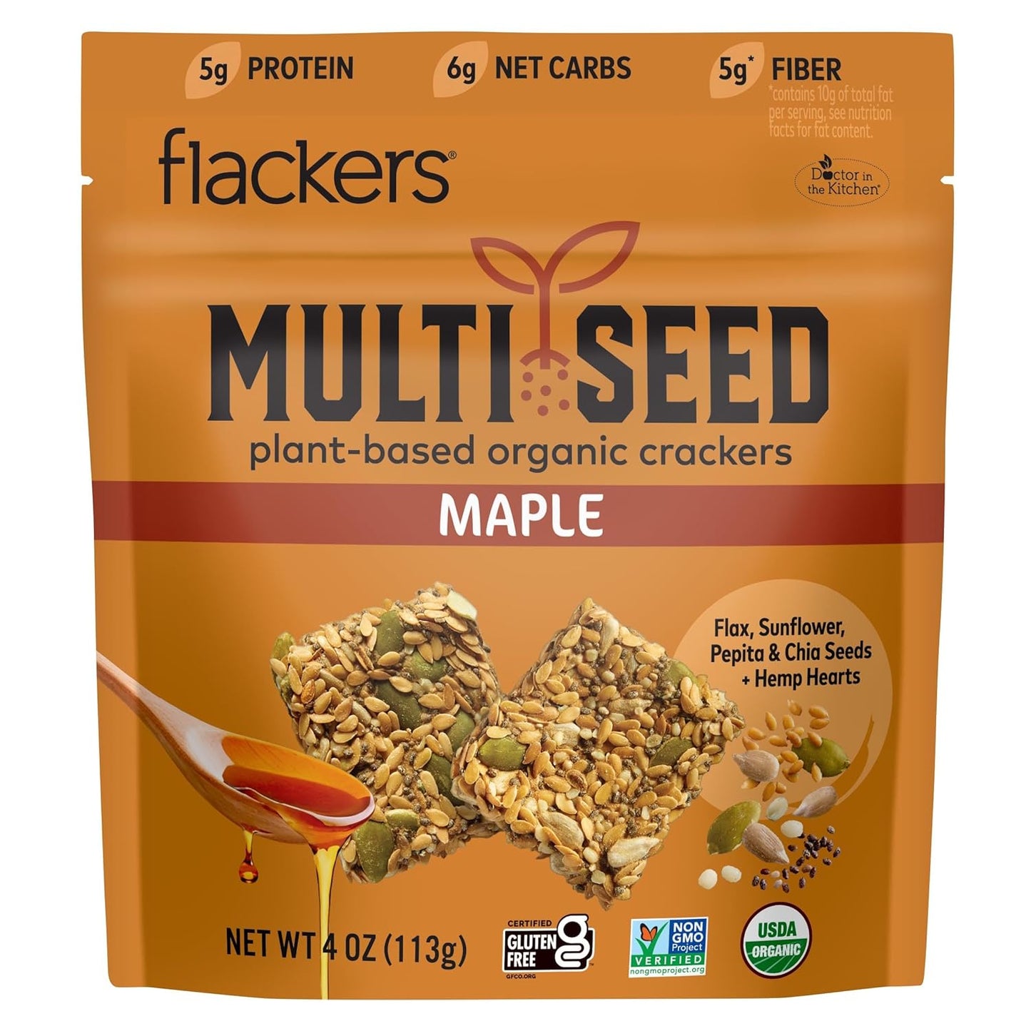 Flackers Organic Maple Multi-Seed Crackers, 4 Ounce 1-Pack, Gluten Free, Non GMO, Vegan, Keto Snack, 5g Fiber, 5g Protein, 6g Net Carbs