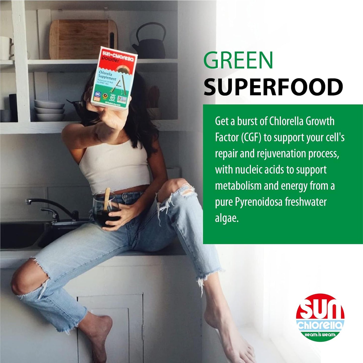 Sun Chlorella Powder Green Algae Superfood Supplement Supports Whole Body Wellness Immune Defense, Gut Health & Natural Energy Boost - Chlorophyll, B12, Protein - Non-GMO - 10 Servings