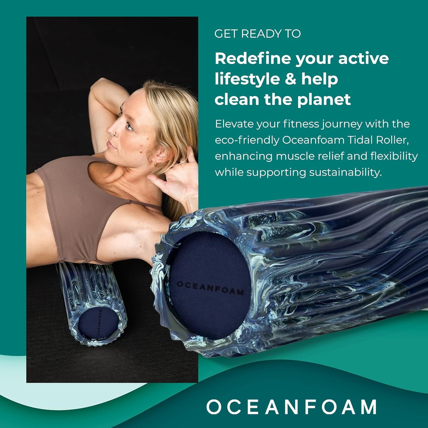 Oceanfoam Tidal Roller - Dark Navy, Hunter & Seafoam Marbled - Muscle Massage Foam Roller for Back Pain & Stretching - Firm & Ergonomic Wide Wave Textured - Yoga & Athletics - Full Size, 20" x 5"