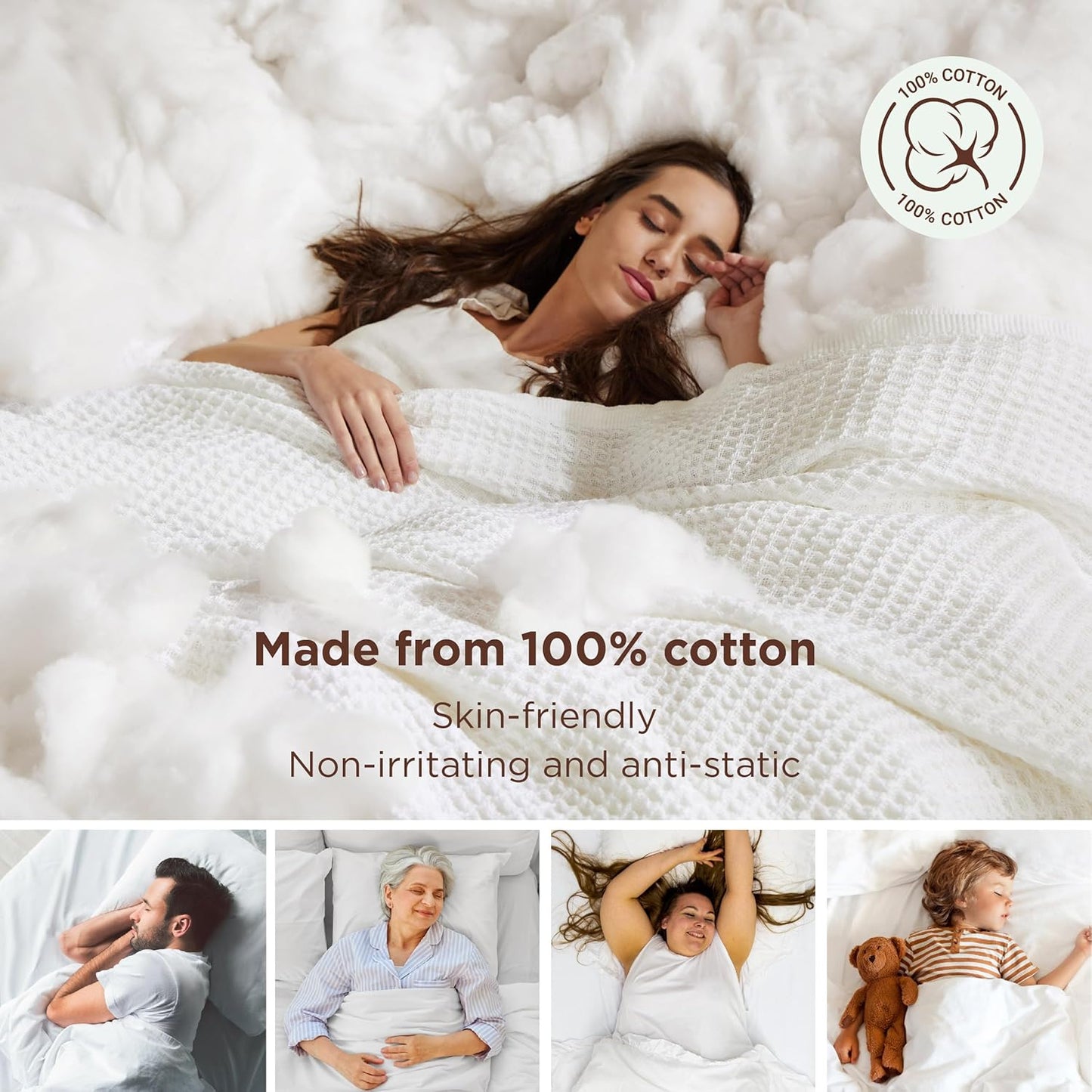 Bedsure 100% Cotton Blanket Queen Size for Bed - Breathable and Soft, Waffle Weave Blanket for Summer, Thick Cozy Fall Blankets for Women Gift, White, 90x90 Inches