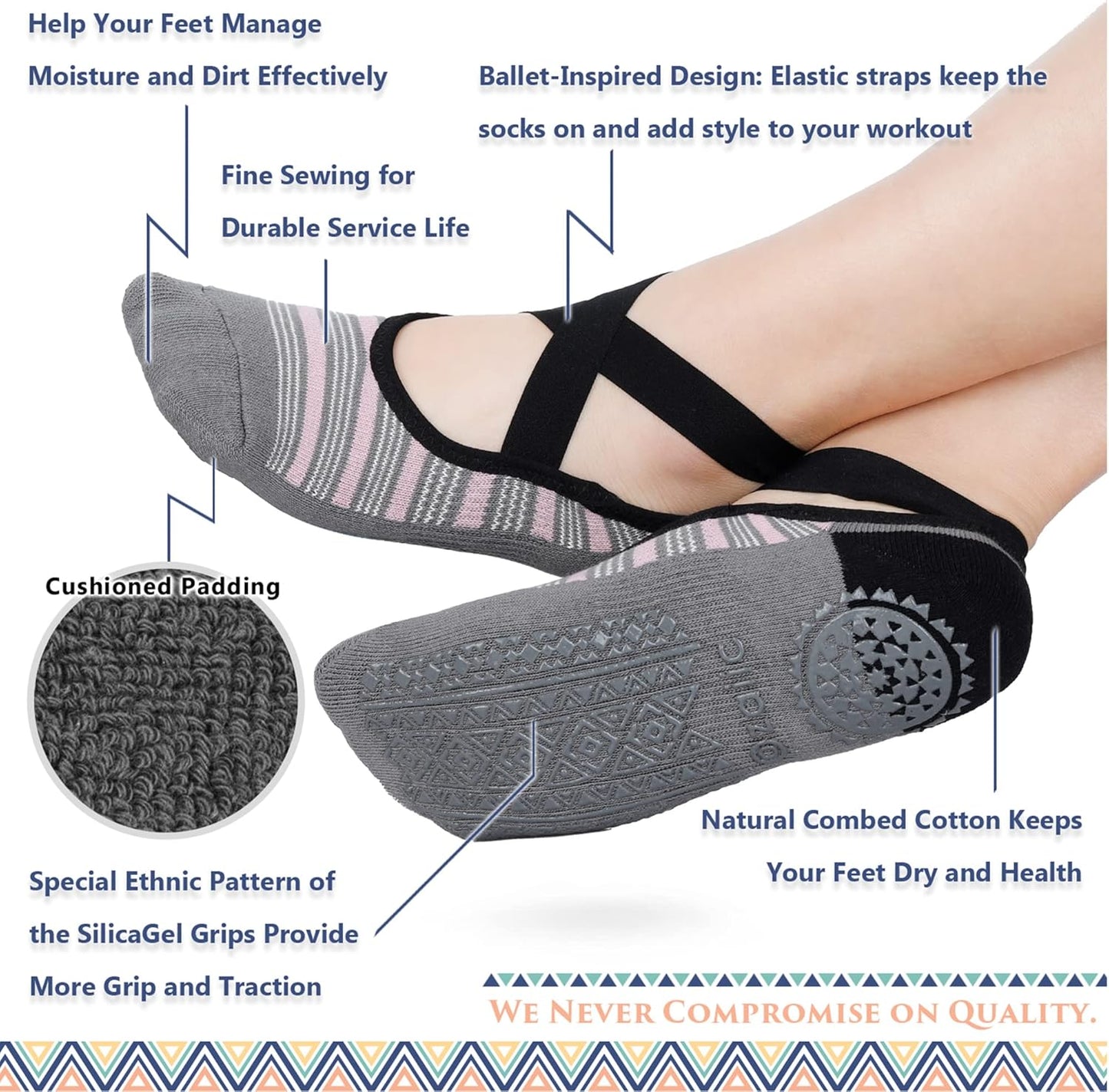 Ozaiic Yoga Socks for Women Non-Slip Grips & Straps, Ideal for Pilates, Pure Barre, Ballet, Dance, Barefoot Workout