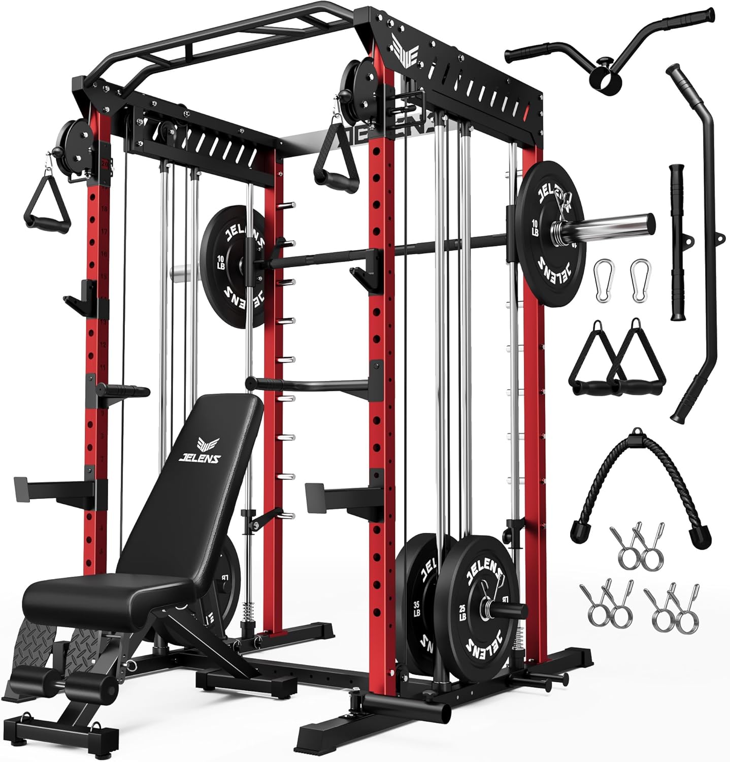 M21 Smith Machine, Multi-Function Power Cage with Dual Pulley Cable Crossover System, 2000LBS All-in-One Squat Rack with Smith Bar and Attachments