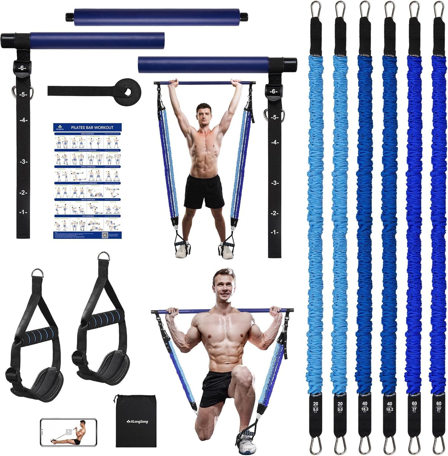 Upgraded Pilates Bar Kit with Resistance Bands Natural Latex for Women & Men, Heavy-Duty Stainless Steel Multifunctional Yoga Pilates Stick for Home Gym Exercise Fitness Equipment Full-Body Workouts