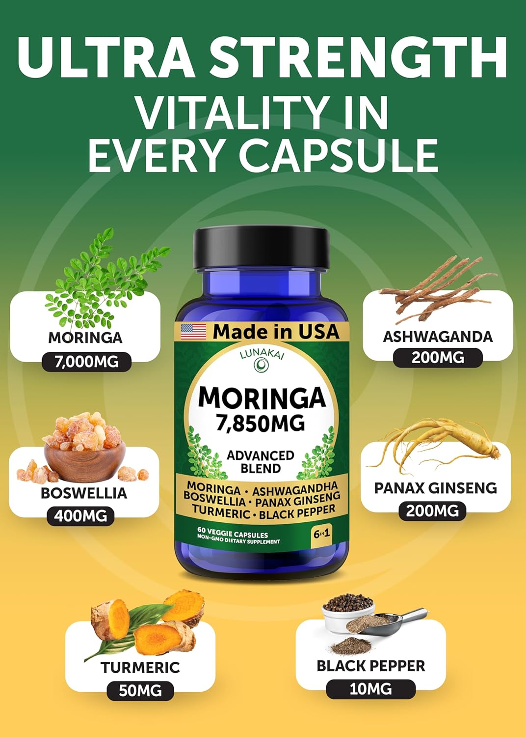Lunakai USA Made Pure Moringa Capsules – Advanced Moringa Leaf Extract Supplement with Ashwagandha, Boswellia, Ginseng & Turmeric, 60ct