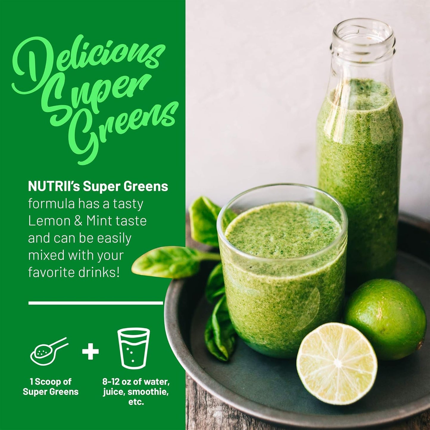 Organic Green Immunity Superfood Powder - Soothes Digestion, Boosts Healthy Vitality and Energy. Fast Acting Formula with Probiotics, Enzymes, Turmeric and Ashwagandha (30 Servings Lemon-Mint)