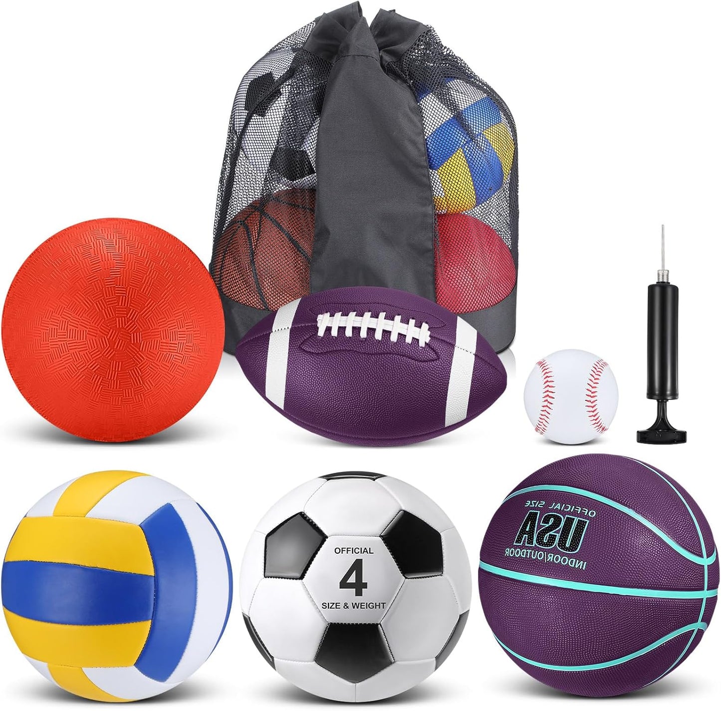 Realspring 6 Pcs Multi Sport Ball Set for Kid Teen Operation Christmas Official Size Football, Basketball, Soccer, Volleyball, Playground Ball, Baseball with Sports Equipment Bag Pump