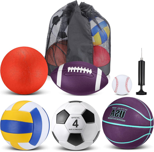 Realspring 6 Pcs Multi Sport Ball Set for Kid Teen Operation Christmas Official Size Football, Basketball, Soccer, Volleyball, Playground Ball, Baseball with Sports Equipment Bag Pump