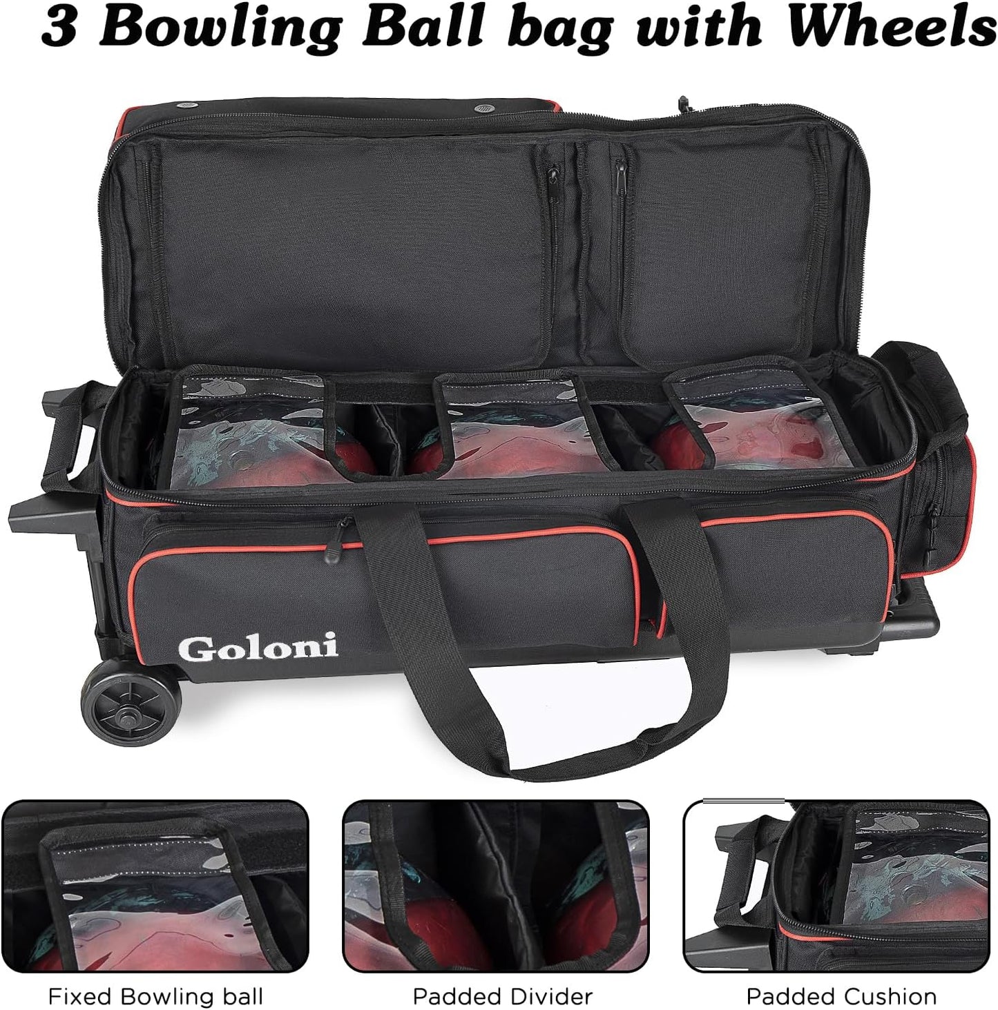 Goloni 3 Ball Bowling Bags with Wheels - Rolling Bowling Bag for 3 Balls & Accessories - Retractable Handle Extends to 38