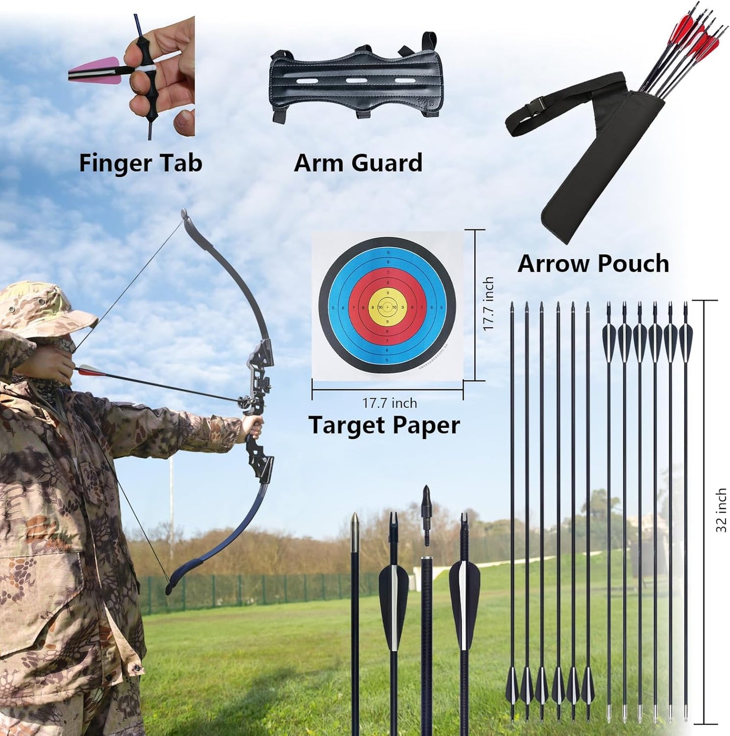 Archery Bow Set Recurve Bow and Arrow Adult Set 51" Training Bow Takedown 30 40 50lb Long Bows for Hunting Adult Beginner with 12 Arrows