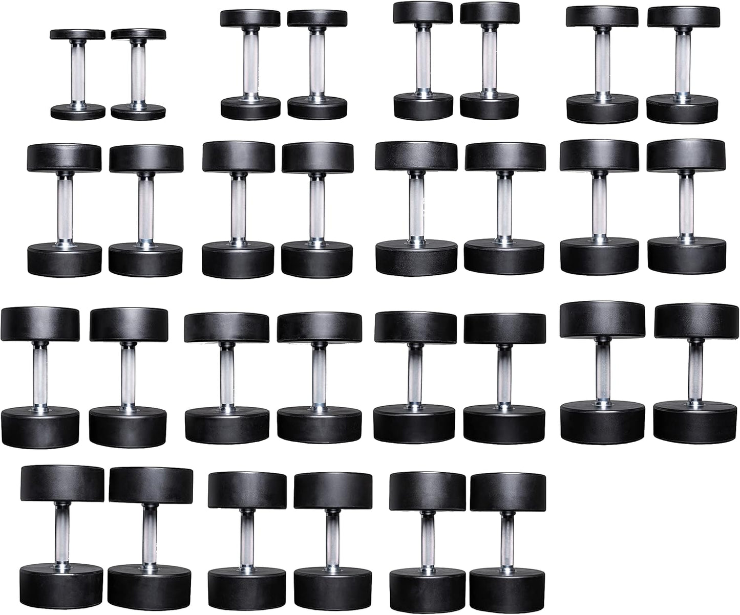 REP Fitness Urethane Coated Round Dumbbells, 5 to 100 lbs, Singles or Pairs, With or Without Rack, Steel Core, Rubber Encased, Chrome Handles, Professional Weights for Home Gym Strength Training