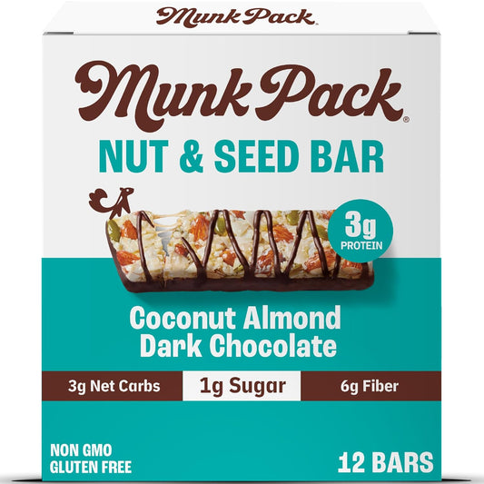 Munk Pack Nut and Seed Snack Bar 3g Protein 1g Sugar 3g Net Carbs Low Sugar Keto and Gluten Free Snack for Adults and Kids Coconut Almond Dark Chocolate 492 oz 12 Pack