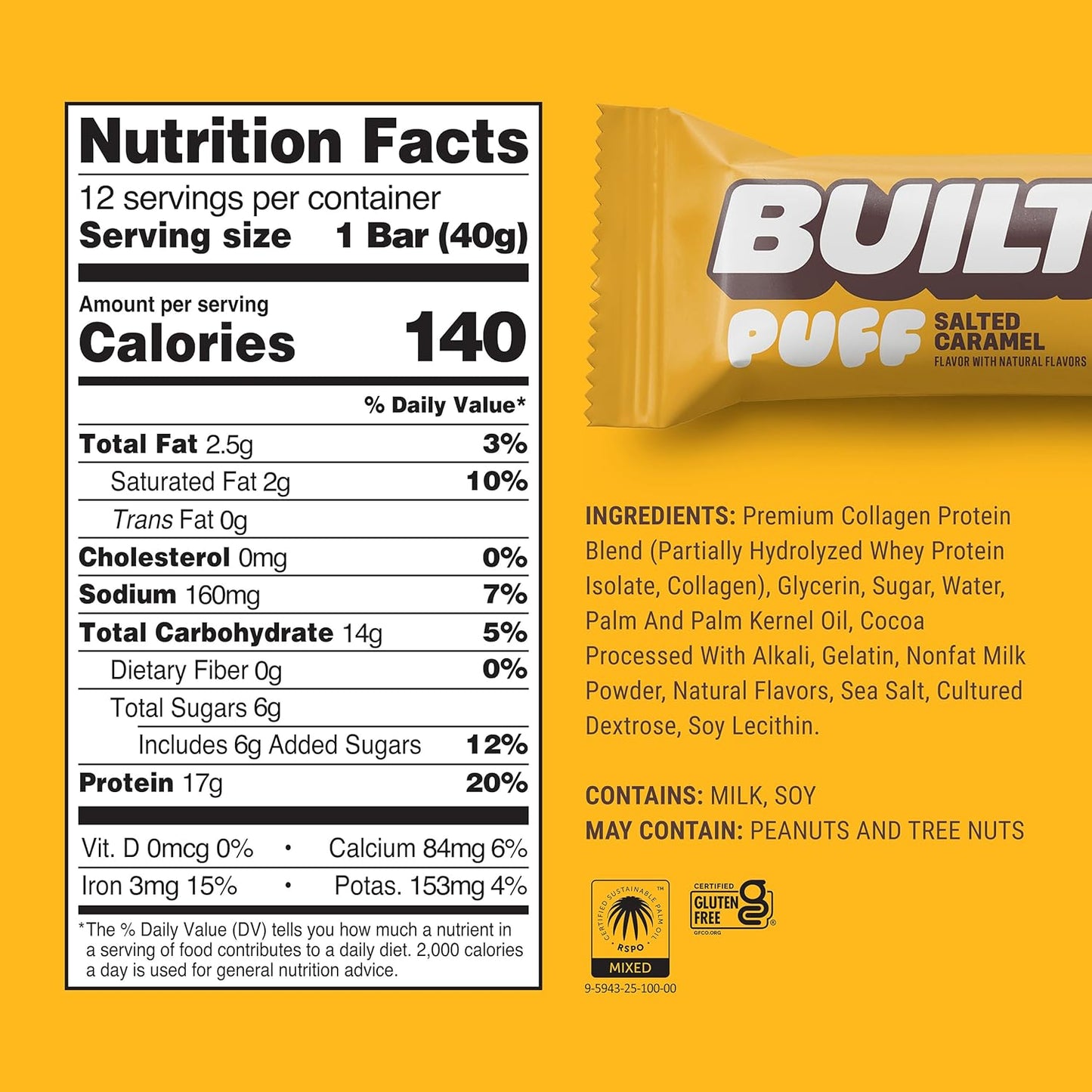 Built Bar, Puff Protein Bars, Salted Caramel Puff, 17g Protein Snacks, On-The-Go Bars, Only 140 Calories, 6g Sugar, Collagen, Gluten Free, 12 Count