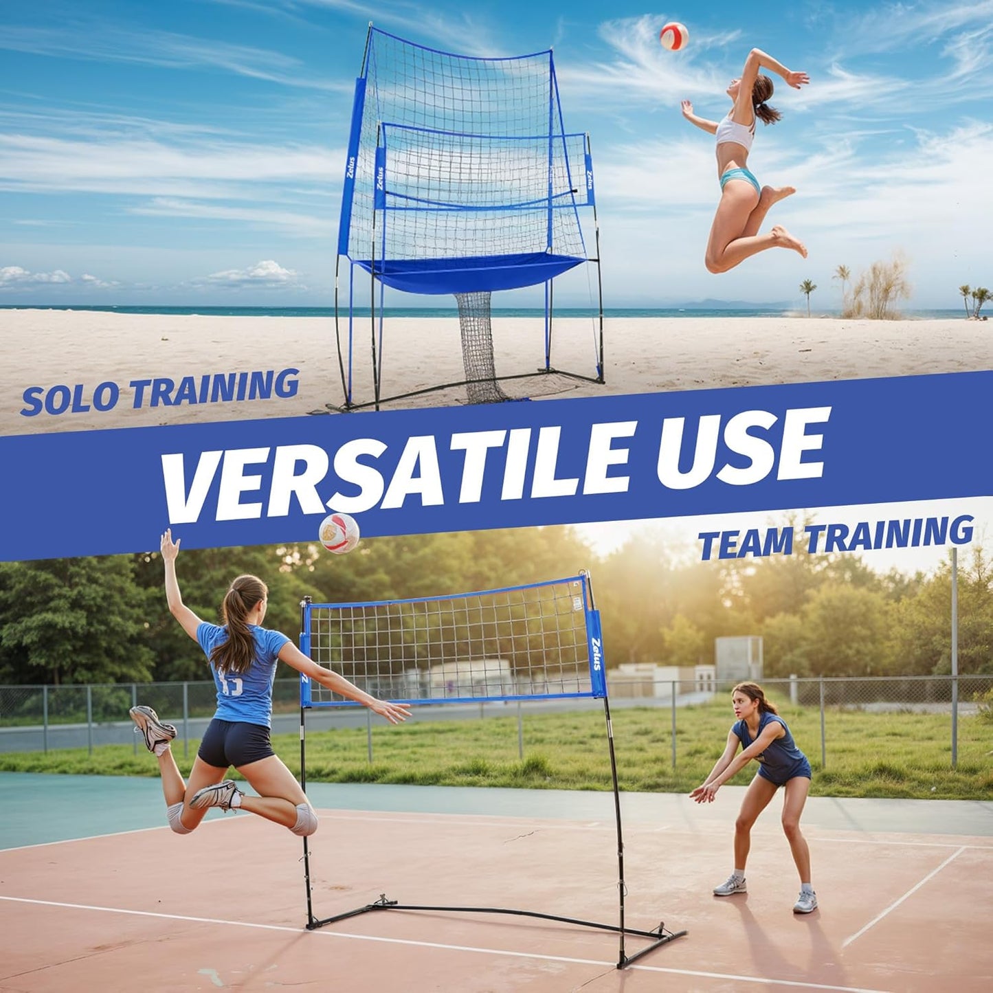 ZELUS Volleyball Training Equipment, 11x8 ft Volleyball Practice Net Station with Adjustable Height & Ball Return