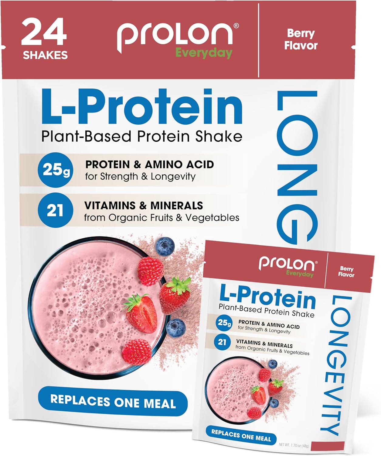 Prolon Longevity Plant Based Protein Powder | Muscle Synthesis & Repair, Healthy Aging, Boost Performance | Vitamins, Gluten Free, Amino Acids, Antioxidants | 25g of Protein | Berry, 24 Packets