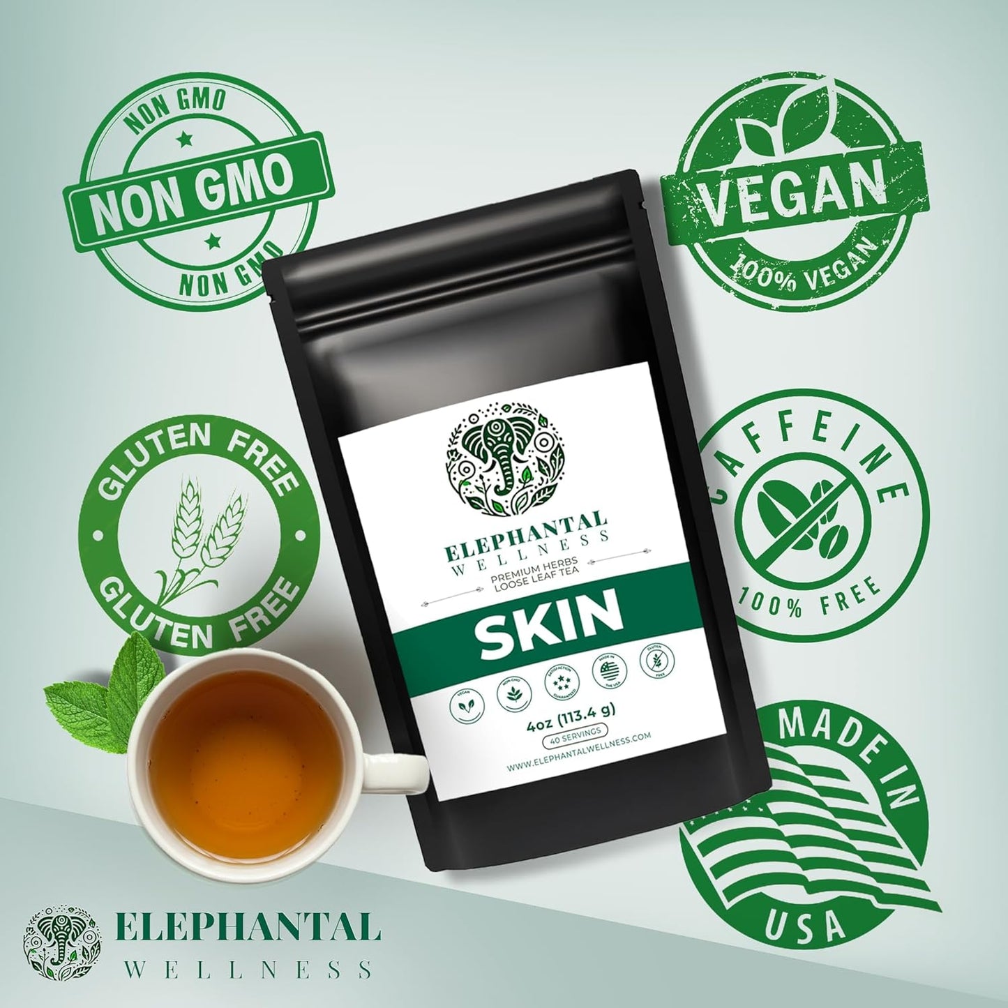 Elephantal Wellness Premium Skin Herbal Tea | Radiance & Clarity Support with Burdock, Dandelion Root Tea, Nettle, Calendula & Lavender | Non-GMO, Caffeine-Free, Handmade Loose Leaf Blend, 4oz Loose Leaf, 40 Servings