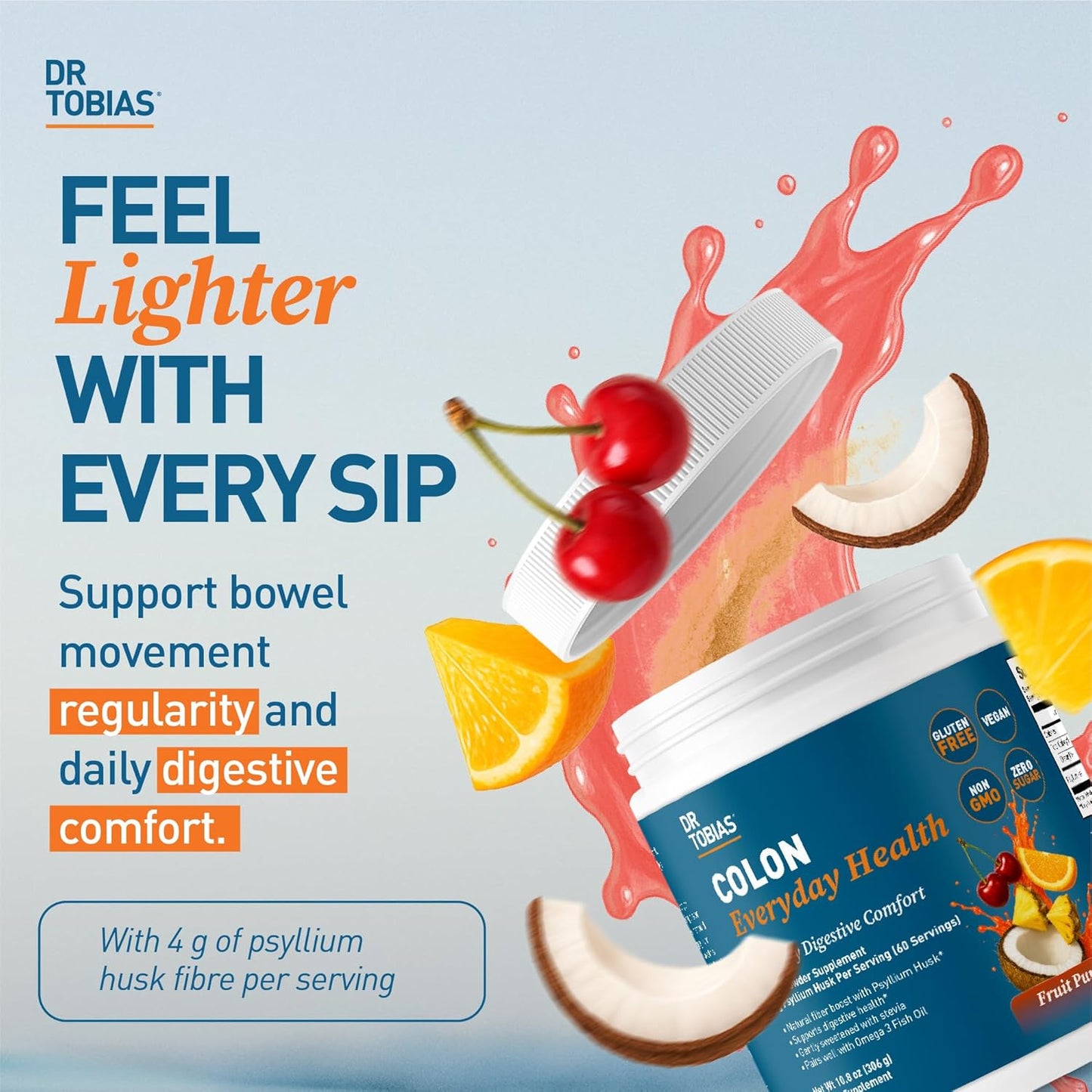 Dr. Tobias Colon Everyday Health - Gut Health for Women & Men - Psyllium Fiber Powder Drink with 4g Psyllium Husk Powder per Serving, Vegan, Gluten Free, Non-GMO, Fruit Punch, 60 Servings