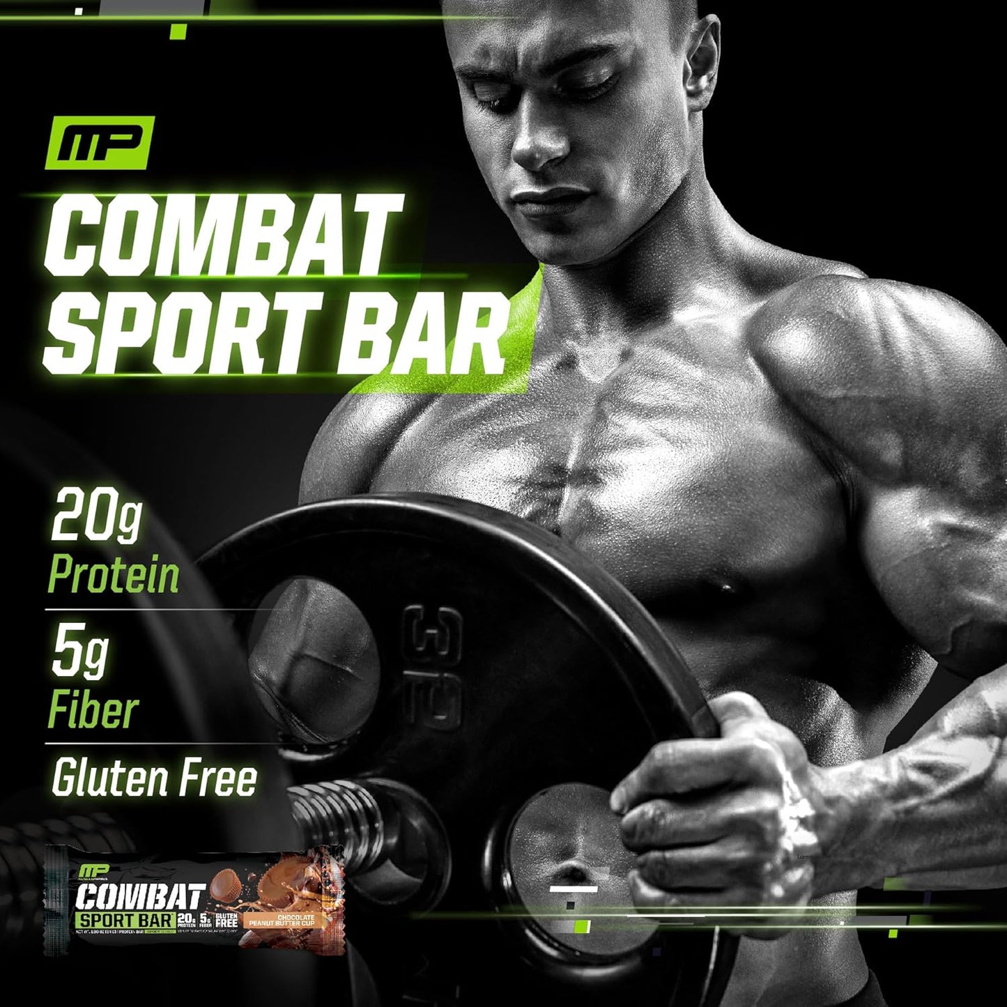 MusclePharm Combat Sport Bar, Chocolate Peanut Butter Cup, High Protein Bars, Combat Cravings, Fuel Performance & Meet Energy Demands, 20g Protein from Whey Protein, 5g Fiber, Gluten Free, 12 Bars