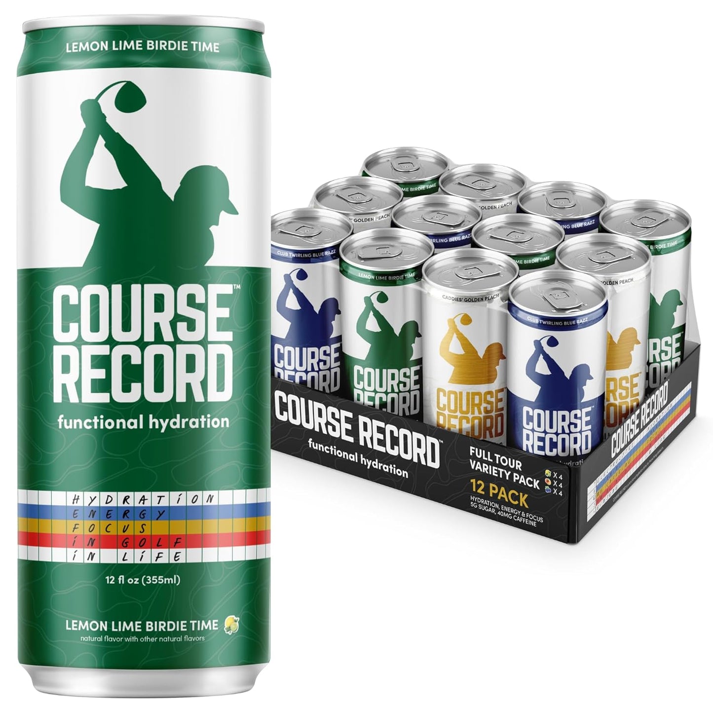 Functional Hydration Drink for Golfers – COURSE RECORD Variety Pack – Electrolytes, Calm Energy & Focus – Healthy Sports Drink – 12-Pack (12oz Cans) – Low Sugar, Low Caffeine