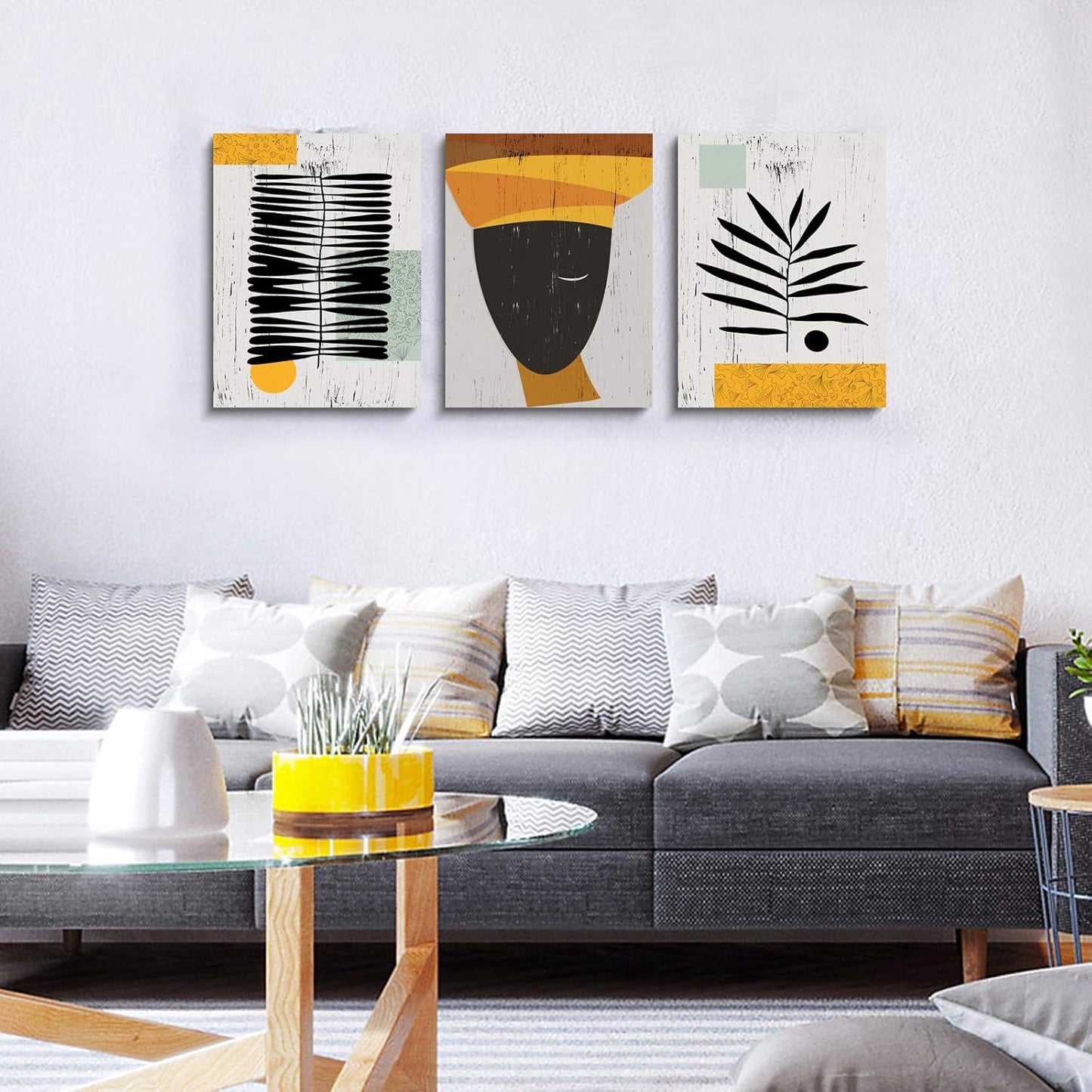 Framed Canvas Wall Art African Ethno Motive Wall Art Set, Abstract Ethno Art, African American Woman Portrait, Black Orange Print, Contemporary Collage, Minimalist (A-3pcs,16x24inchx3pcs)