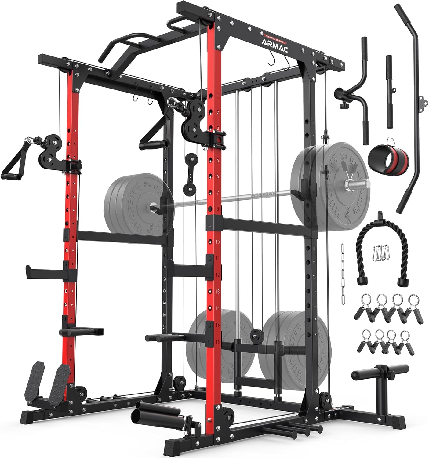 ARMAC Power Cage,1500lbs Multi-Function Power Rack with Adjustable Cable Crossover System and More Training Attachment, Weight Cage for Home Gym