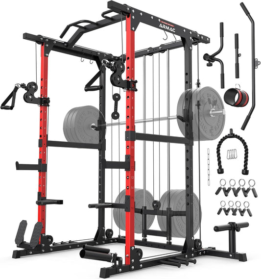ARMAC Power Cage,1500lbs Multi-Function Power Rack with Adjustable Cable Crossover System and More Training Attachment, Weight Cage for Home Gym