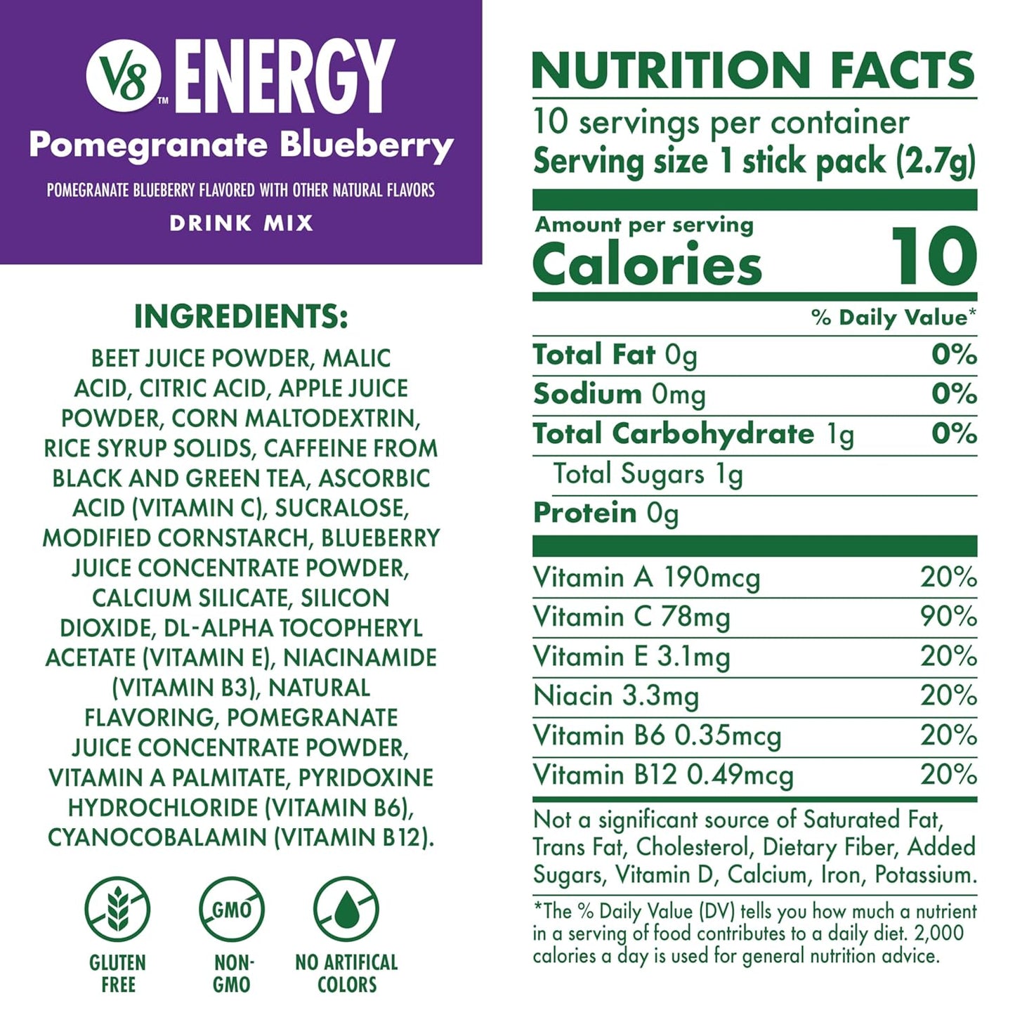 V8 Energy Pomegranate Blueberry Energy Drink Powder, .10 oz Packet (10 Count)