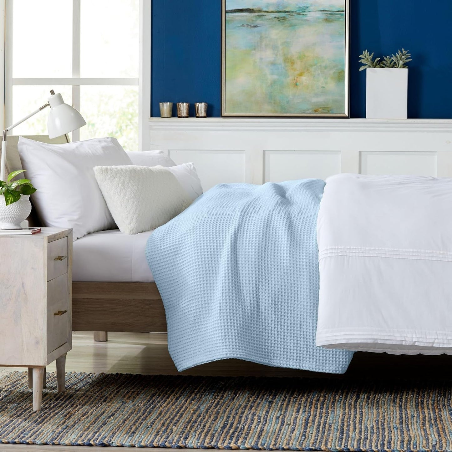 100% Cotton Waffle Weave Queen Bed Blanket | Soft, Breathable, and Lightweight Blanket for All-Seasons | Perfect for Layering | Brielle Collection (Full/Queen, Sky Blue)