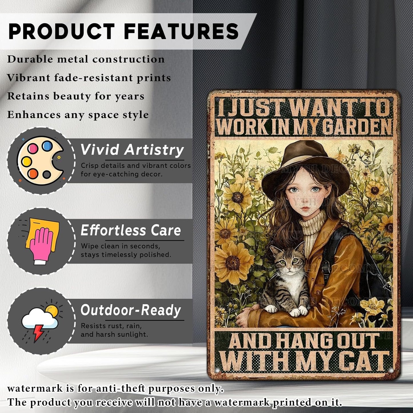 Cat Garden Vintage Tin Sign I Just Want To Work In My Garden and Hang Out With My Cat Retro Metal Tin Sign Sunflower Decor for Home Fence Porch Room Wall Decor Poster 12 * 8inch