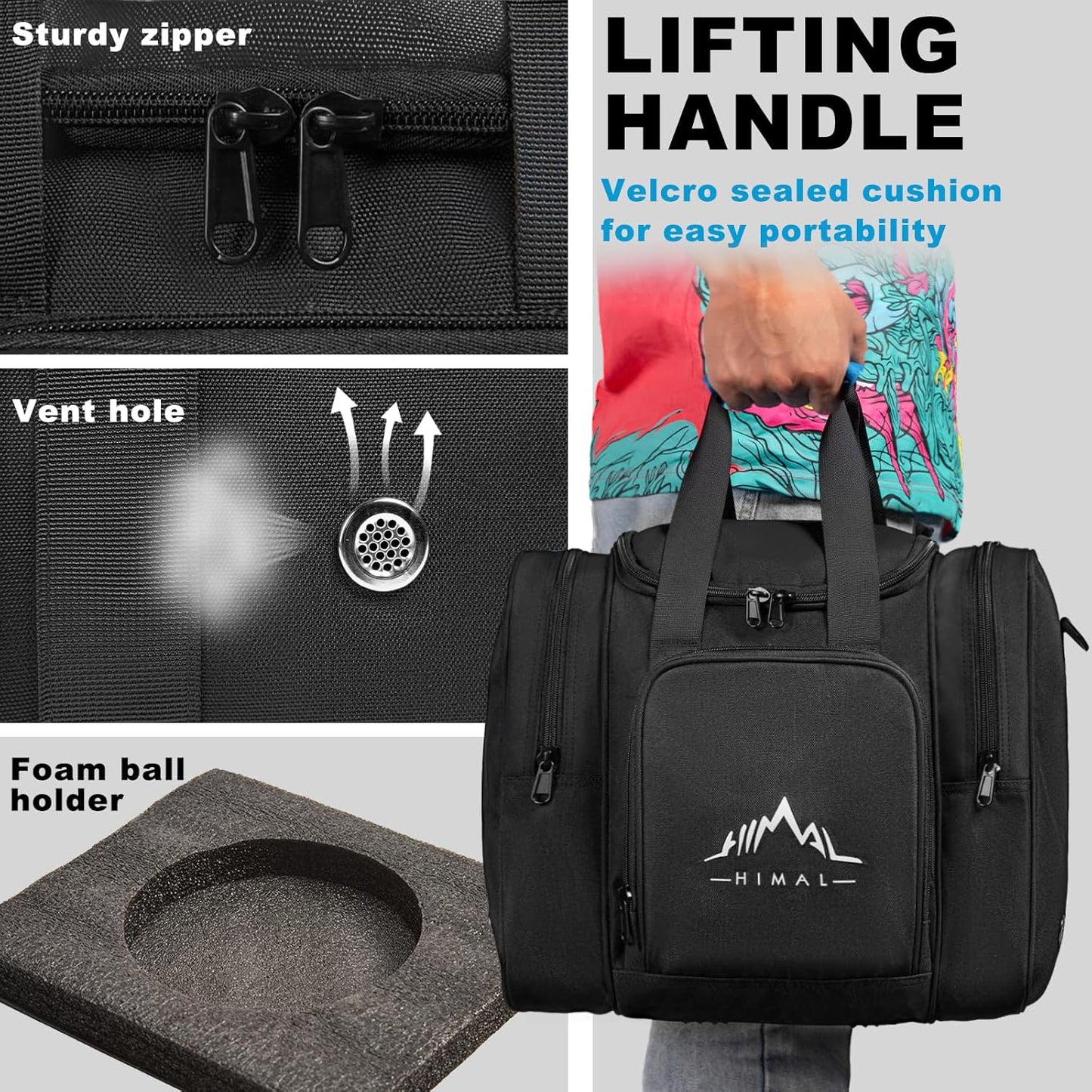 Himal Bowling Ball Bag for Single Sphere - Bowling Ball Tote Bowler's Bag with Padded Sphere Holder - Fits Bowler's Shoes Up to Mens Size 14