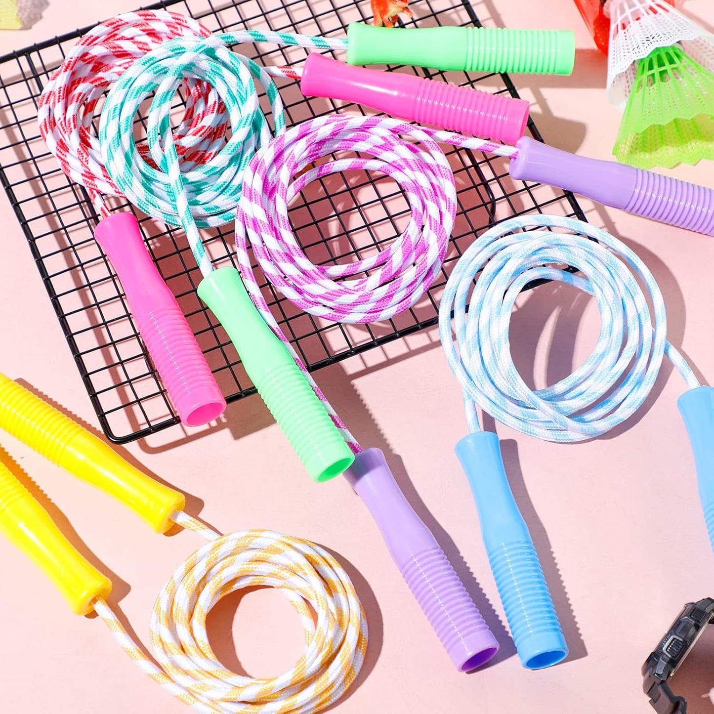 30 Pack Jump Rope for Kids Stripe Ropes with Plastic Handles 8.2 Feet Nylon Jumping Rope Adjustable Weighted Braided Fitness Skipping Rope for Outdoor Exercise Sport Party Equipment, Assorted Colors