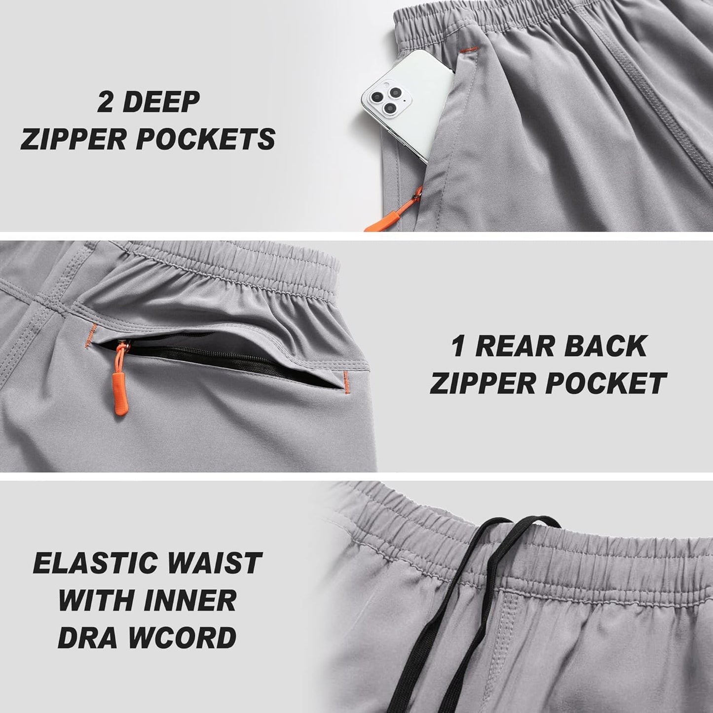 Men's Gym Shorts Sports Quick Dry Workout Running or Casual Training Short with Zipper Pockets