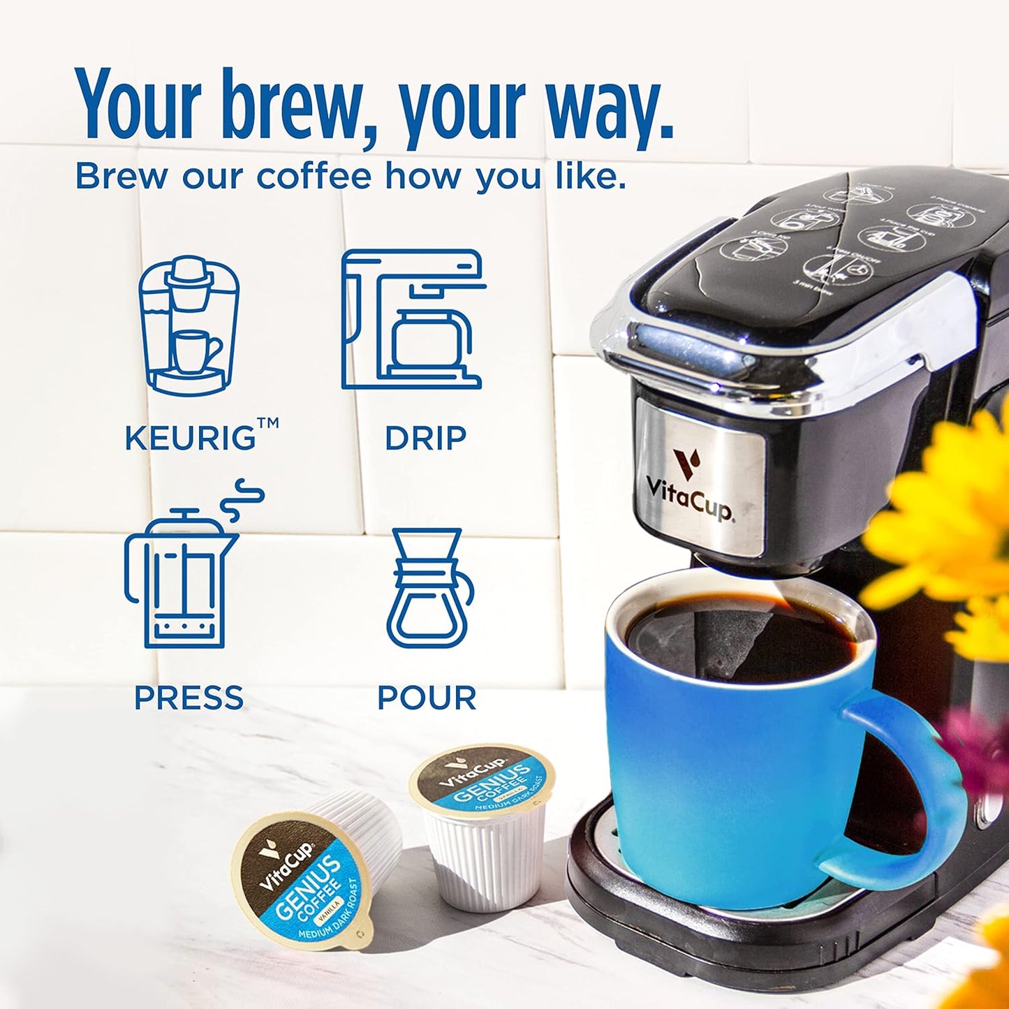 VitaCup Genius Vanilla Keto Coffee Pods w/MCT Oil, Turmeric, B Vitamins, & D3 for Energy & Focus in Recyclable Single Serve Pod Compatible with K-Cup Brewers Including Keurig 2.0, 64 CT