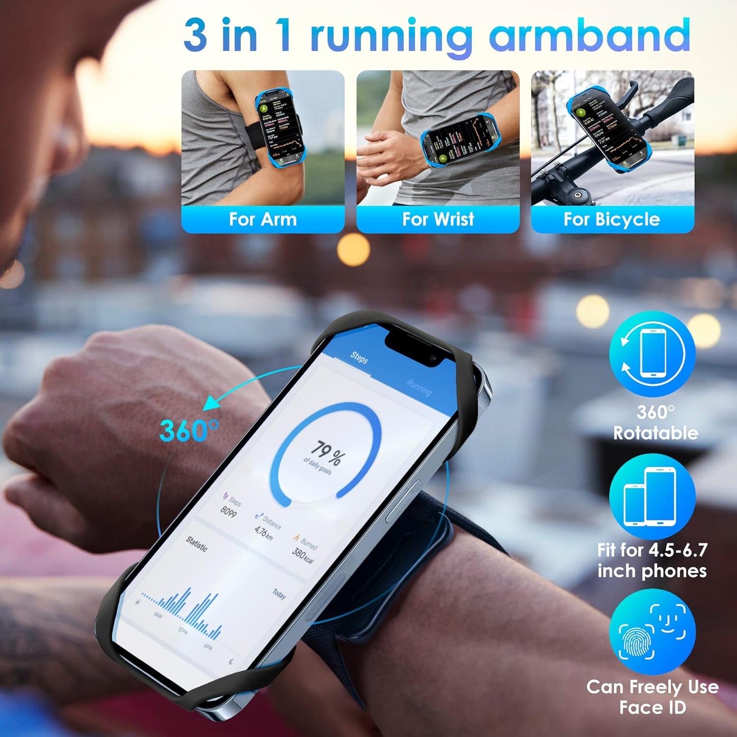 Cikyner Running Armband, 3 in 1 Running Phone Holder Sports Armband Bicycle Phone Holder 360° Rotatable & Detachable Running Phone Armband for 4.5-7'' iPhone Huawei for Gym Running Hiking
