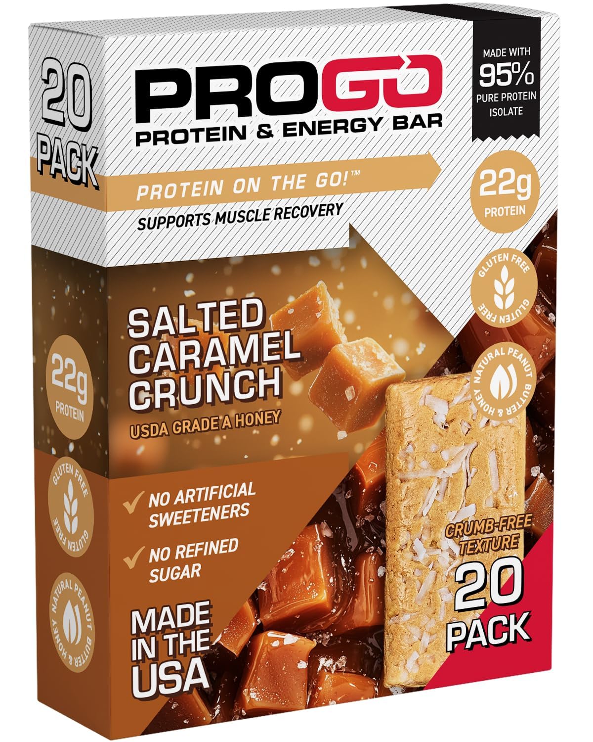 ProGo Protein Bars, Low Sugar, High Protein Snacks (22g) - 95% Pure Isolate for Faster Muscle Growth & Recovery, Low Calorie, Sweetened w/Peanut Butter & Honey (20-Count, Salted Caramel Crunch)