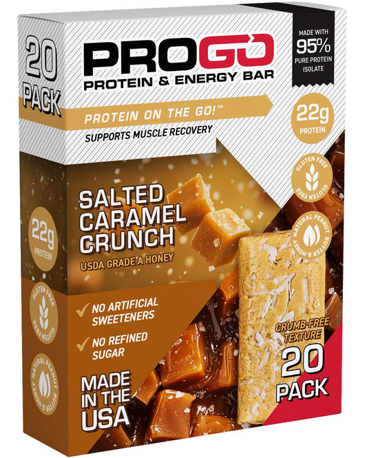ProGo Protein Bars, Low Sugar, High Protein Snacks (22g) - 95% Pure Isolate for Faster Muscle Growth & Recovery, Low Calorie, Sweetened w/Peanut Butter & Honey (20-Count, Salted Caramel Crunch)