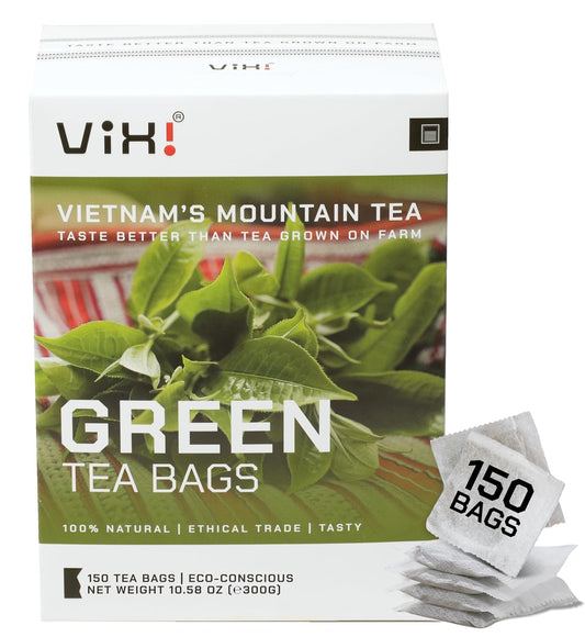 VIXI Green Tea Bags, 150 Counts, Vietnam's Mountain Tea, Caffeinated, Tagless, Balanced Taste, 100% Natural from Ancient Tea Tree, Perfect for Hot and Cold Brew