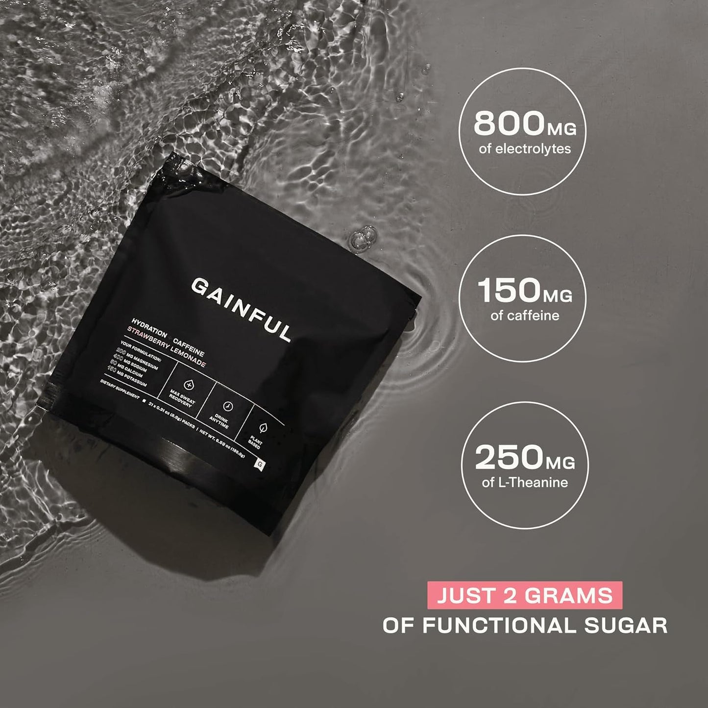 Gainful Hydration + Caffeine Powder Packets with Key Electrolytes Magnesium & Sodium + L Theanine, Low Sugar Drink Mix, Strawberry Lemonade, 21 Sticks