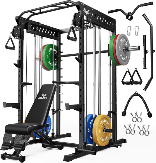M21 Smith Machine, Multi-Function Power Cage with Dual Pulley Cable Crossover System, 2000LBS All-in-One Squat Rack with Smith Bar and Attachments