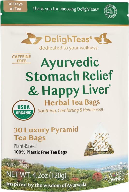 DelighTeas Liver Detox Tea Bags | Eco-Conscious Pyramid Tea Bags | Ayurvedic Stomach Relief & Liver Support | USDA Organic, Vegan, Caffeine Free, Kosher | 30 Tea Bags, 4g each