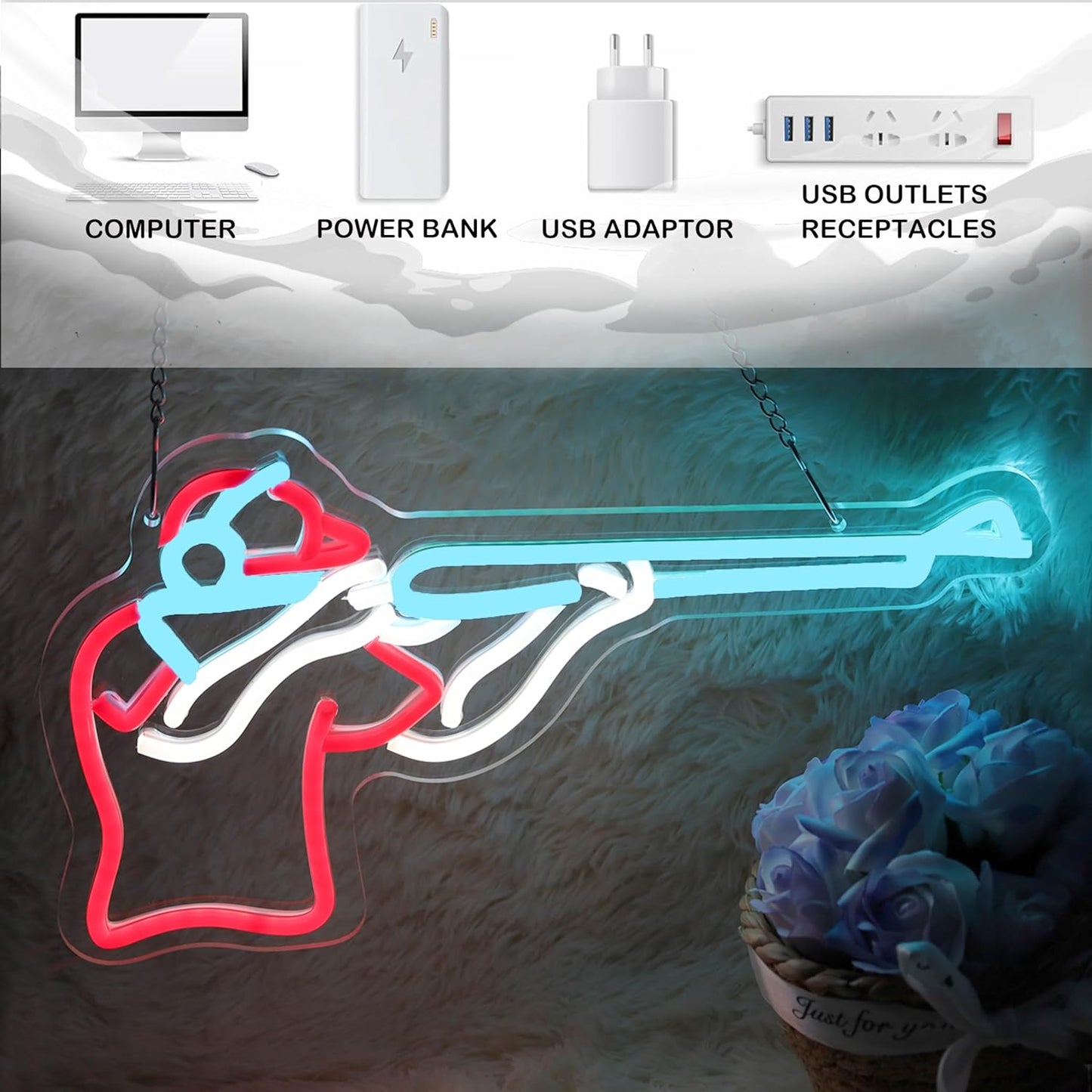 Man Shooting Neon Sign Nerf Sniper Rifle Light Up Sign Shooter Gifts Gun Player Light Sign Dimmable LED Sign for Gun Club Decor Man Cave Game Room 15.2"×9"