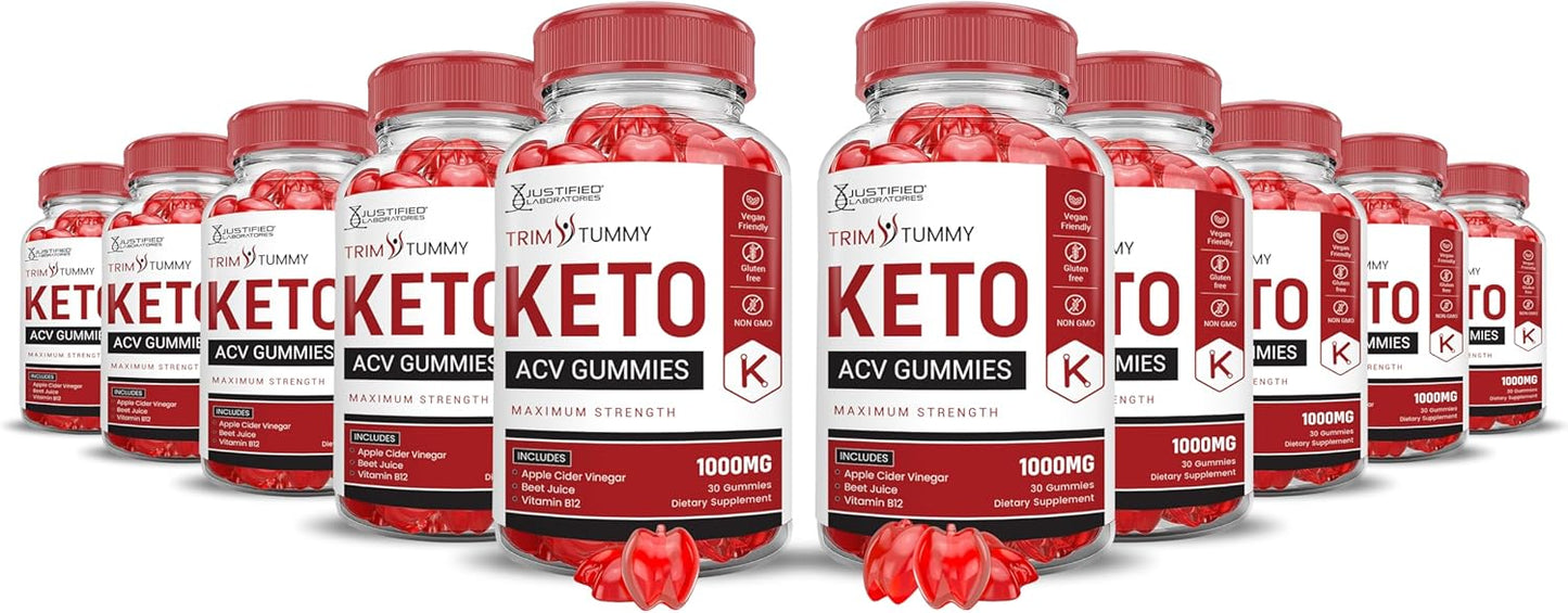 (10 Pack) Trim Tummy Keto ACV Gummies Advanced Formula 1000MG Trim Tummy Keto Gummies Apple Cider Vinegar Formulated with Pomegranate Beet Juice Powder B12 Vegan Non GMO 600 Gummys