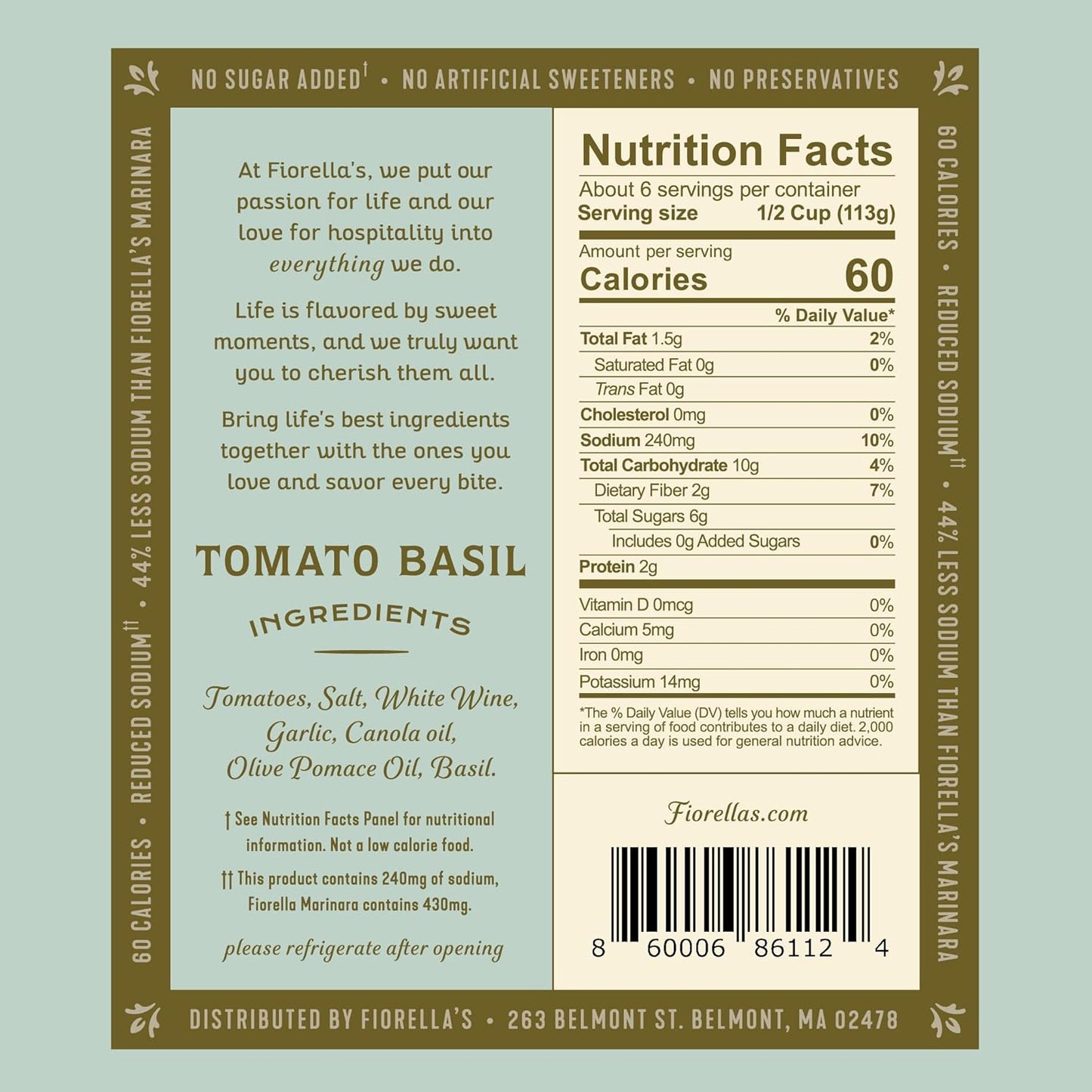 Fiorella's Tomato Basil Pasta Sauce - Tomato Sauce Made with Fresh Ingredients - No Sugar Added, Vegan, Gluten Free, No Preservatives Added, Reduced Sodium, Pasta Sauce, 25 Oz (Pack of 2)