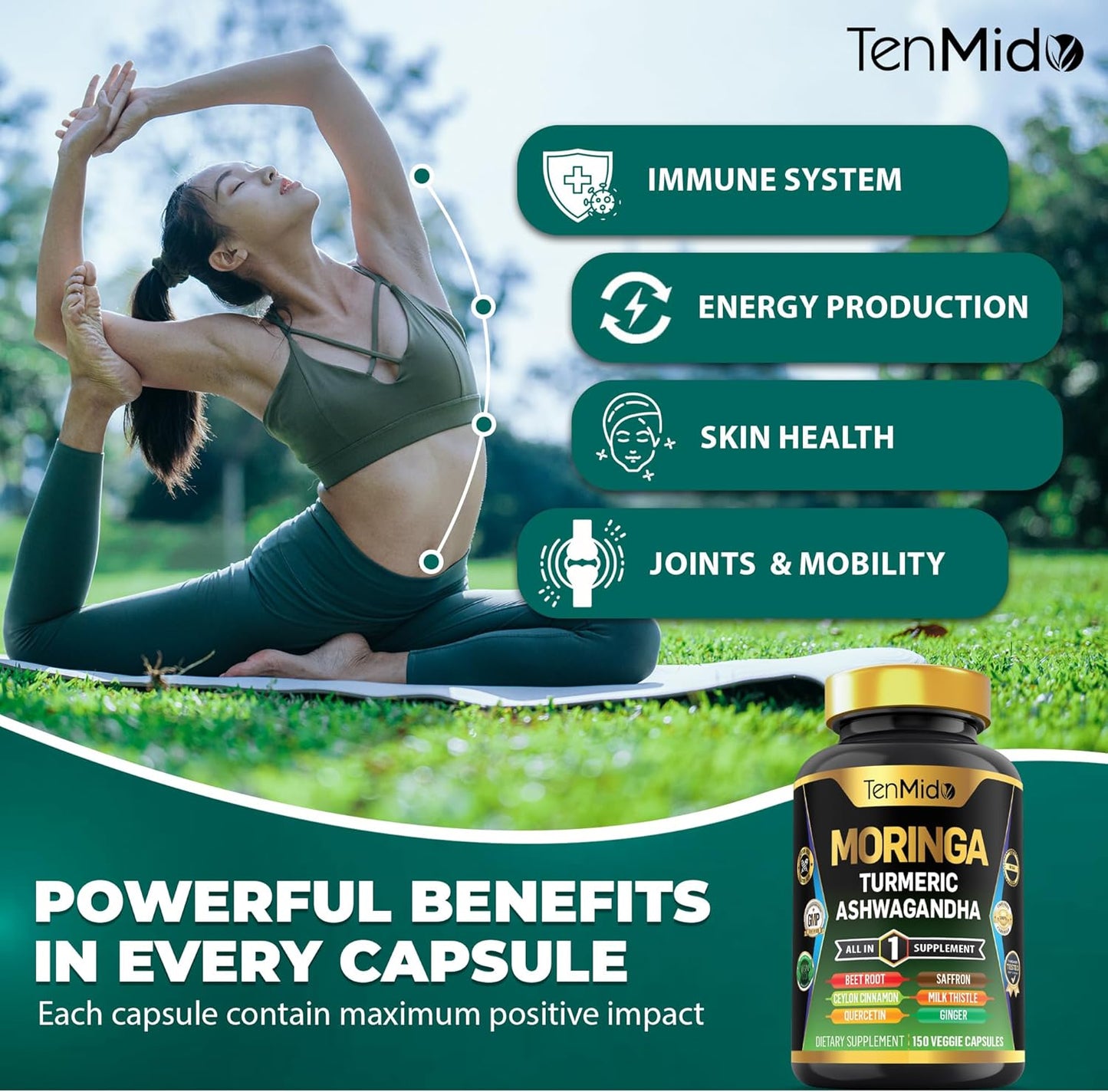 Moringa Oleifera Supplement for Men and Women, 10in1 Formula with Turmeric, Ashwagandha, Ceylon Cinnamon, Beet Root, Saffron & More - Energy, Immune Support - Nutrient Rich - 150 Capsules