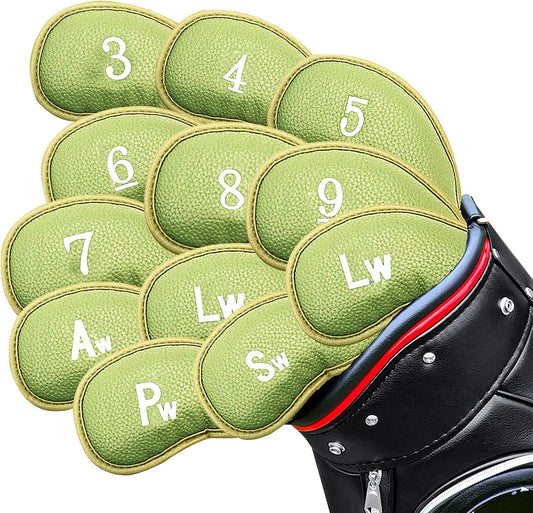FINGER TEN Premium Synthetic Leather Stylish Iron & Wedge Golf Head Covers Value 12 Piece Set, Embroidered Labels & Fits Most Clubs Gift Set, Travel Protection Accessories
