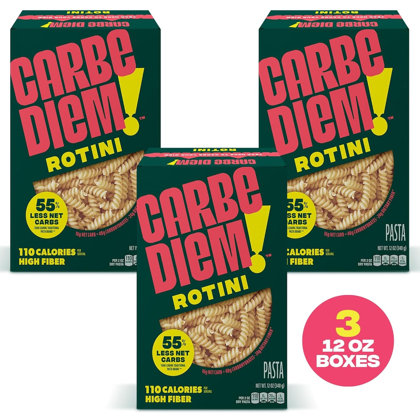 Carbe Diem!, Rotini, Lower Net Carb Pasta with Traditional Flavor & Texture, 55% Fewer Net Carbs & Only 110 Calories Per Serving, Pack of 3