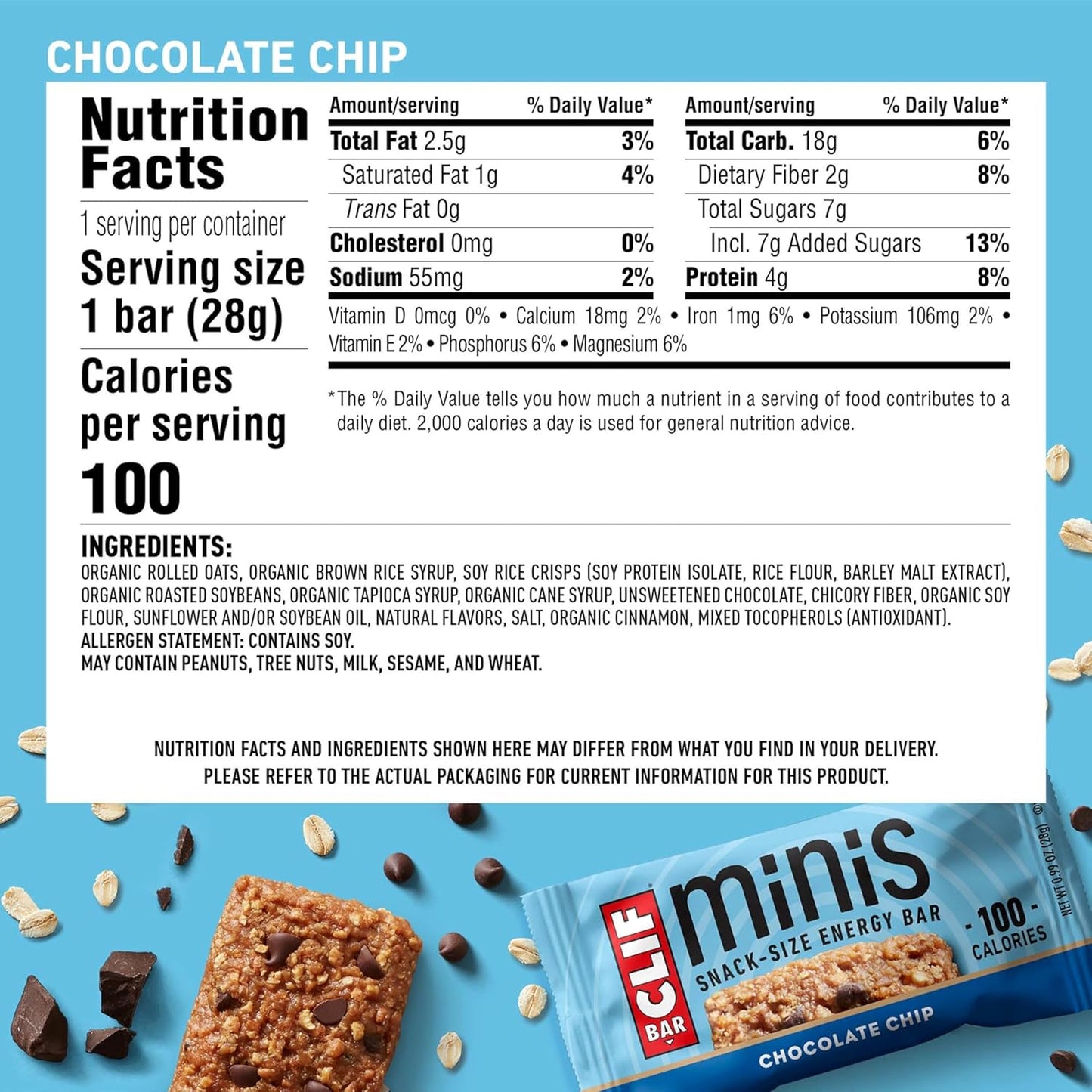 CLIF BAR Minis - Chocolate Chip - Made with Organic Oats - 4g Protein - Non-GMO - Plant Based - Snack-Size Energy Bars - 0.99 oz. (20 Pack)